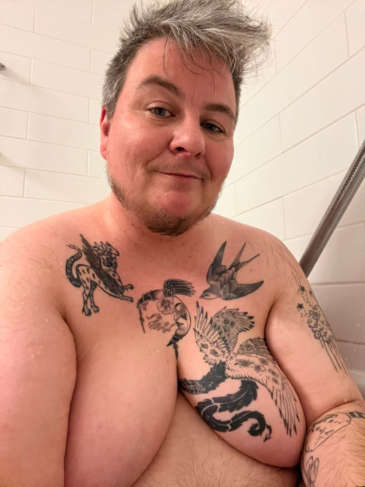 a fat white human with a scraggly beard and amazing short grey hair that looks like an ocean wave sits with half smile and a kind face. their shapely chest is covered in tattoos including a crescent moon, a winged snake, a chimera and a swallow