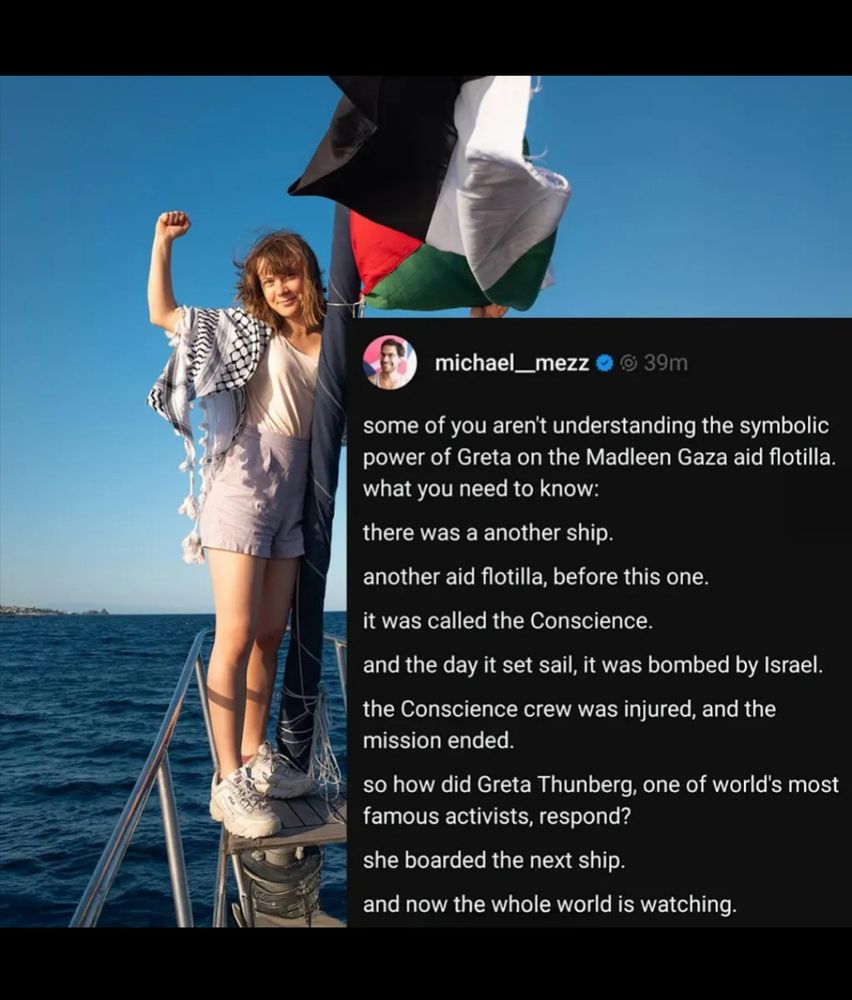 A pic of Greta Thunberg next to the words - some of you aren't understanding the symbolic power of Greta on the Madleen Gaza aid flotilla. what you need to know: there was a another ship.
another aid flotilla, before this one. it was called the Conscience.
and the day it set sail, it was bombed by Israel. the Conscience crew was injured, and the mission ended.
so how did Greta Thunberg, one of world's most famous activists, respond?
she boarded the next ship.
and now the whole world is watching.