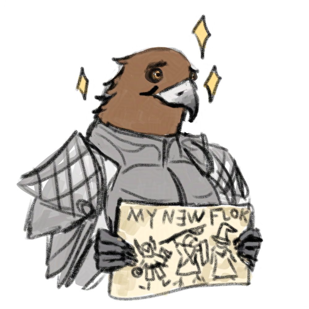 a simple drawing of the Guardian from the game Nightreign. He is an avian person with feathers like a gold eagle wearing silvery armor. he holds up a crude drawing to the viewer with the words "My New Flok" written on it with rough depictions of Wylder, Guardian, and Recluse.