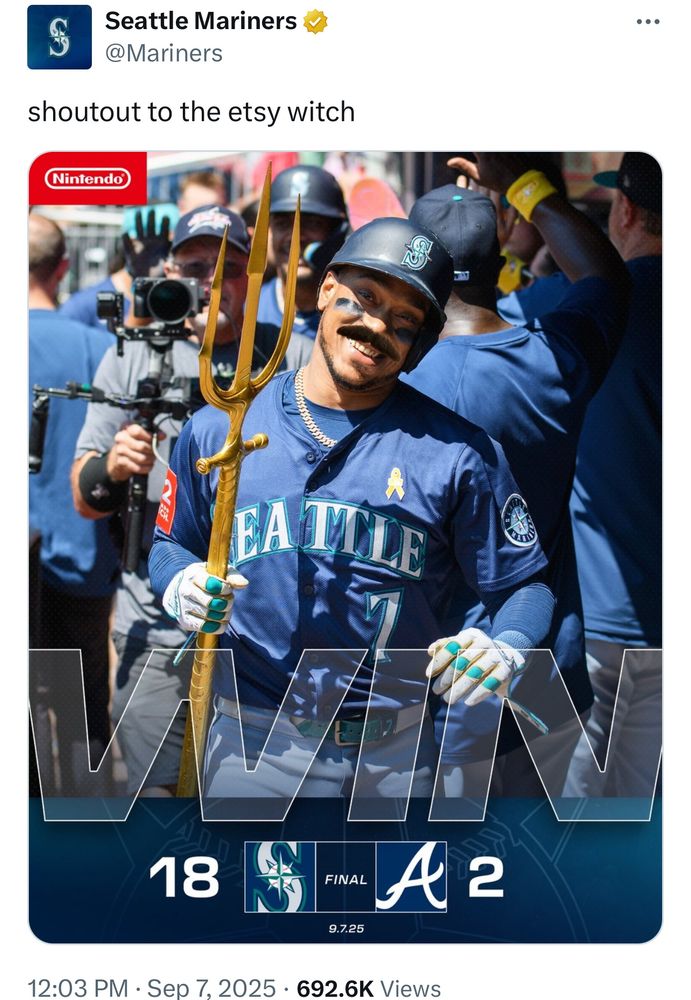 A Seattle mariners team official post on X, the everything app, posting the scoee of their game today, 18-2, and saying “shout out to the Etsy witch”