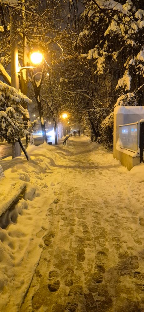  Snowy street at night in Bucharest 