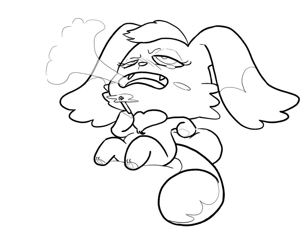 sketch of a mascot bunny-like lagomorph sorta bitch but she’s all adult tired and grown up smoking while reclining, looking up wistfully and sadly with a bit of a tear.