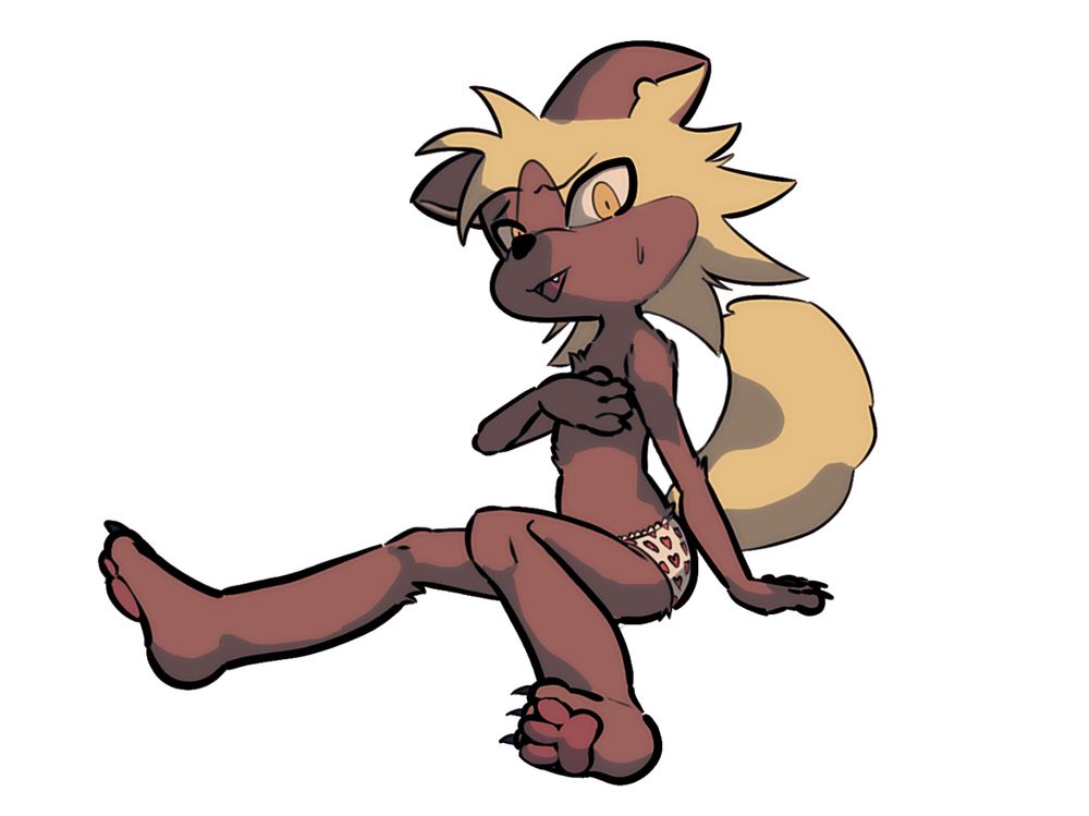 a nearly nude, spunky petite cat woman with heart spotted panties awkwardly tries to smile while hiding her chest, which has zero breast quality to be seen whatsoever.