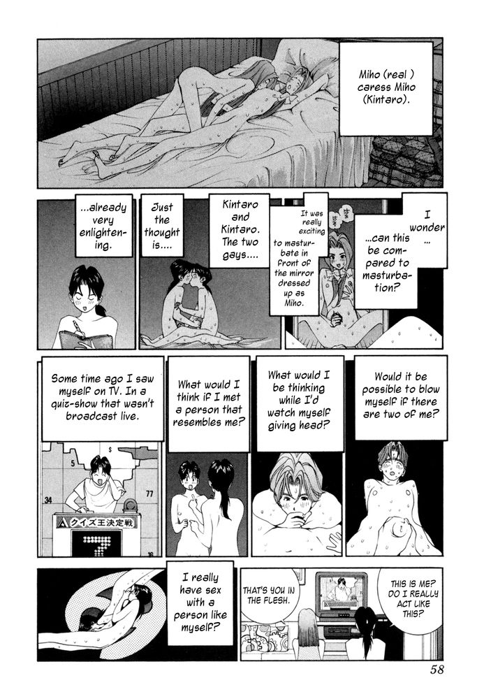A series of panels where Kintaro is contemplating self-sex. "I wonder, can this be compred to masturbation? It was really exciting to masturbate in front of the mirror dressed as miho. Kintaro and Kintaro... The two gays.... Just the thought is... already very enlightening. Would it be possibly to blow myself if there are two of me? What would I be thinking while I'd watch myuself giving head? What would I think if I met a person that resembles me?"