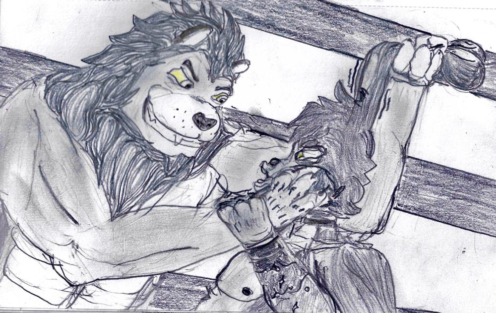Two furries, a lion and a rabbit, in a wrestling ring fighting each other.

The lion is in control of the rabbit, having him against the ropes, pulling him up by the ears, and squishing his cheeks into a kissy face.  The rabbit is angry at being humiliated while the lion grins with glee