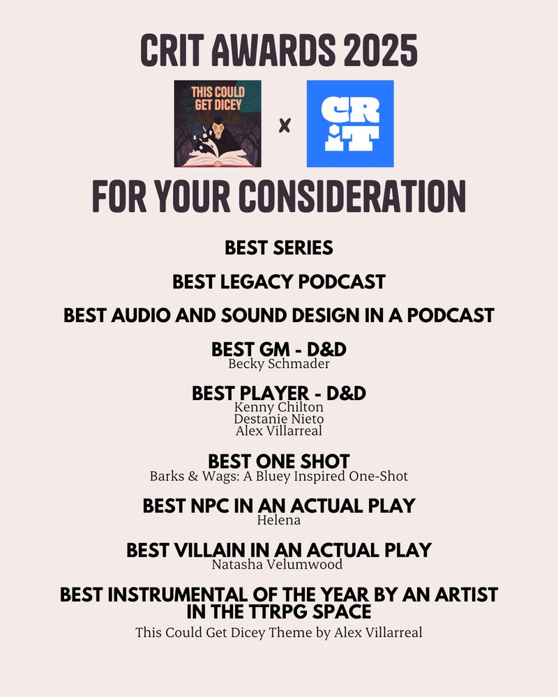 At the top in black it says “CRIT AWARDS 2025”. Under it are the logo for This Could Get Dicey and CRiT Awards. Under that it says “FOR YOUR CONSIDERATION” also in black. A series of award categories follow in black text. They say:
Best Series
Best Legacy Podcast
Best Audio and Sound Design in a Podcast
Best GM - D&D, Becky Schmader
Best Player - D&D, Kenny Chilton, Destanie Nieto, Alex Villarreal
Best One Shot - Barks & Wags, A Bluey Inspired One-Shot
Best NPC in an Actual Play - Helena
Best Villain in an Actual Play - Natasha Velumwood
Best Instrumental of the Year by an Artist in the TTRPG Space - This Could Get Dicey Theme by Alex Villarreal 