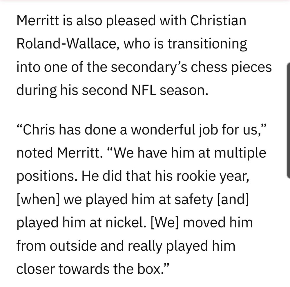 "CRW, who is transitioning into one of the secondary's chess pieces during his second NFL season. 'Chris has done a wonderful job for us,' noted Merritt. 'We have him at multiple positions.'"
