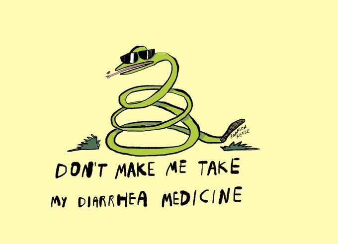 Image by @bransonreese.bsky.social‬ parodying the Gadsden flag (coiled snake with the phrase "don't tread on me"). He has drawn a snake coiled up on a yellow background. The snake is wearing sunglasses. Instead of "Don't tread on me," the caption reads, "Don't make me take my diarrhea medicine." 