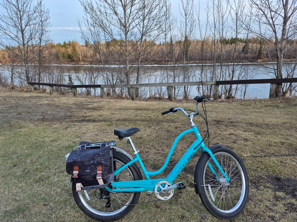 A bright blue bike with panniers in a green field and a river in the background 
