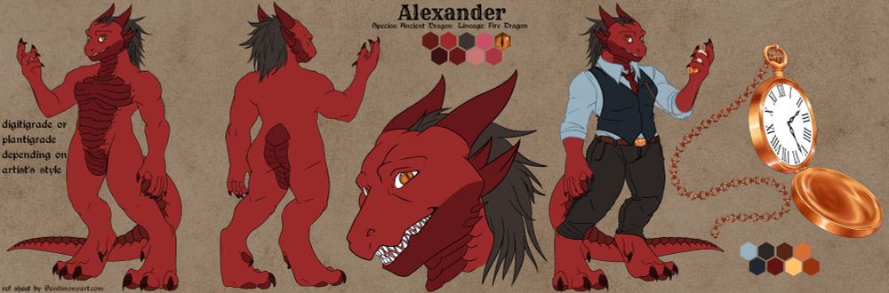 a reference sheet for red dragon alexander including a front, back, headshot, outfit, and pocketwatch 