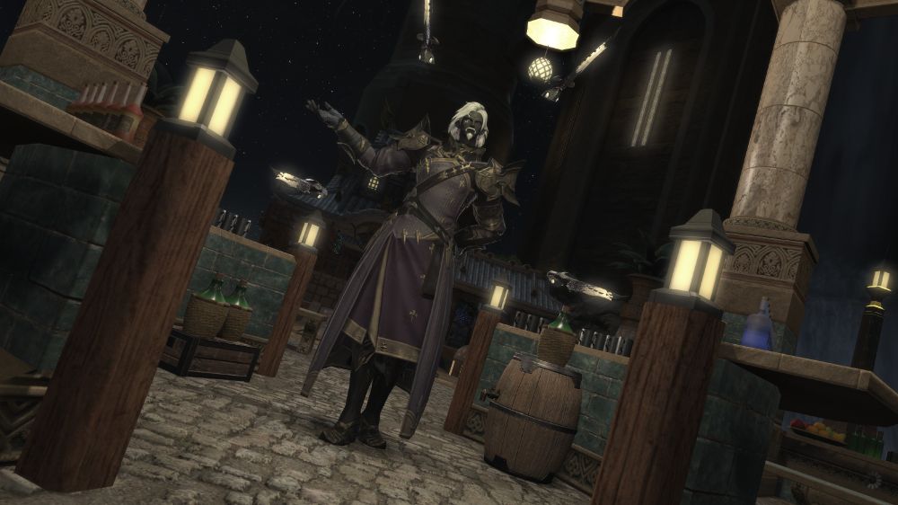 An Image of Sha'dow, a Genderfluid Drow with white, shoulder length hair parted on the left and a white mustache and goatee, a gray left eye, and blind right eye with a white tattoo looking scar over it, dressed in purple leather armor with gold and brass trim. The armor has a long, leather outer skirt, and a shorter, but still knee length inner skirt. The shoulder pauldrons are made of brass. They're stood, right arm out, left hand on hip, four long "dart" looking objects floating around them, two at hip level, two about arm's length above each shoulder. They have a look on their face that says "Try me, bitch." Specifically, their armor is the Adamantite Pauldroncoat of Fending set, the "darts" are the Sage arms "Hagneia" in Metallic Bras and Gloom Purple.

They're standing in an open air circular bar area with marble columns and green tile, with a cobblestone floor. There's bottles and barrels in the area, and it's nighttime.