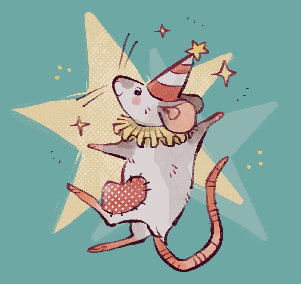 digital drawing of French Fry the circus rat for ArtFight 2025! He is looking dapper with his clown ruffle and hat and patchwork knee, posed in front of a star.
https://artfight.net/character/4355943.french-fry-the-circus-rat