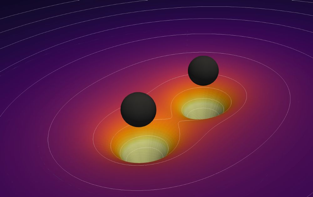Artist’s impression of the horizons and curvature of a binary black hole system. Generated using Paraview.