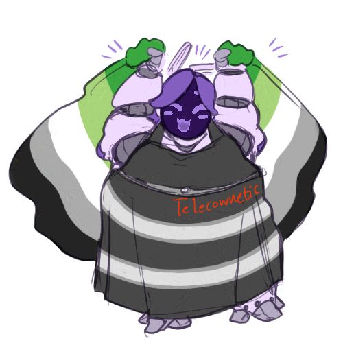 A happy robot femme pumping vims fists in the air with an agender pride flag behind vi like a cape. It is wearing a black cocktail dress with horizontal gray stripes around its hips and knees.

 Her chassi is near-white violet. Face is a dark purple screen with facial details in lavender pixels matching its hair. Two antennas, reminescent of a large cruise ships, is on top of its head.