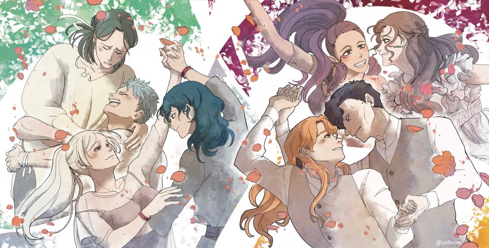 Art features 4 couples from fe3h (casphardt, edeleth, doropetra, ferdibert) dancing in a white canvas with some flowers in the background.