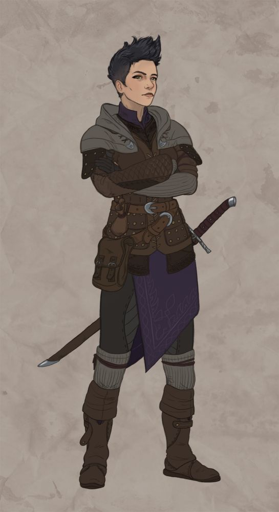 A human with black hair styled up and forward stands with her arms crossed