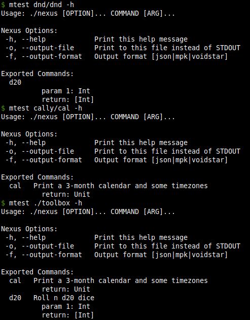 Usage statements generated for two command line tools (one that displays a calendar and one that rolls dice). The two command lines tools are composed into a single tool exporting the pooled arguments.