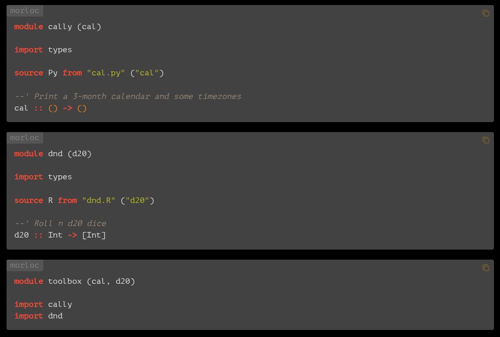 The source code for three Morloc modules, the first two import functions from Python or R. The last module imports the first two modules.