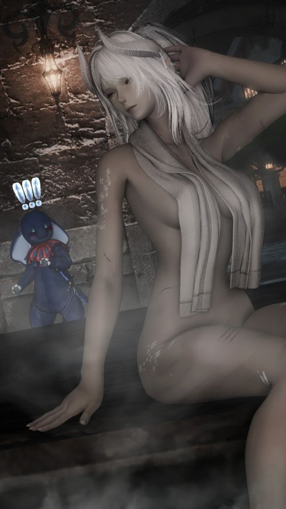 Valfreyja sits on the edge of the open-air bath, her breasts covered by a towel draped around her neck. She is looking over her shoulder at a person in an azure-coloured elephant suit, who appears shocked to see her.