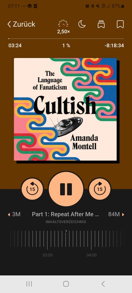 The Libby screen for the audiobook "Cultish: The Language of Fanaticism" by Amanda Montell at 1%