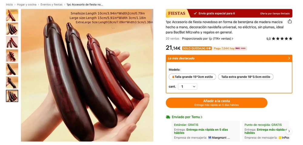 Captura de pantalla de Temu. Unas manos sostienen cuatro tallas que parecen de madera de berenjenas alargadas de diferentes tamaños.