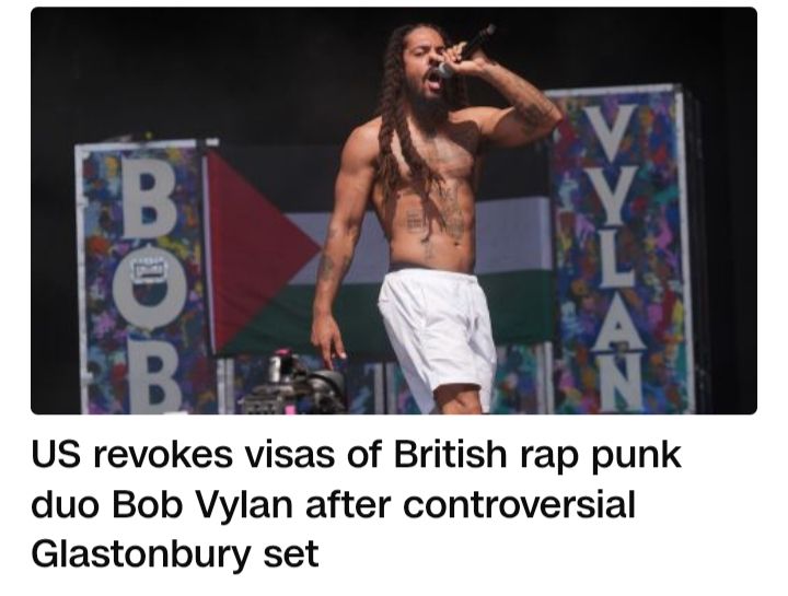 A video of a rapper on stage with a caption that says the US revokes visas of British wrap pump Duo Bob velin after controversial Glastonbury set.