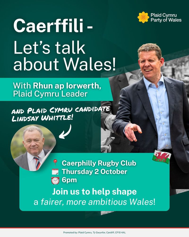 A flyer for the event, showing the same details are are included in the post, along with photos of Rhun ap Iorwerth and Lindsay Whittle