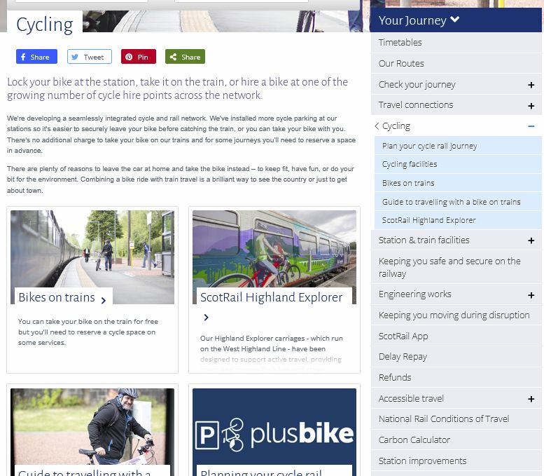 Scotrail cycling website intro page...

Lock your bike at the station, take it on the train, or hire a bike at one of the growing number of cycle hire points across the network.

We're developing a seamlessly integrated cycle and rail network. We've installed more cycle parking at our stations so it's easier to securely leave your bike before catching the train, or you can take your bike with you. There's no additional charge to take your bike on our trains and for some journeys you’ll need to reserve a space in advance.

There are plenty of reasons to leave the car at home and take the bike instead – to keep fit, have fun, or do your bit for the environment. Combining a bike ride with train travel is a brilliant way to see the country or just to get about town.