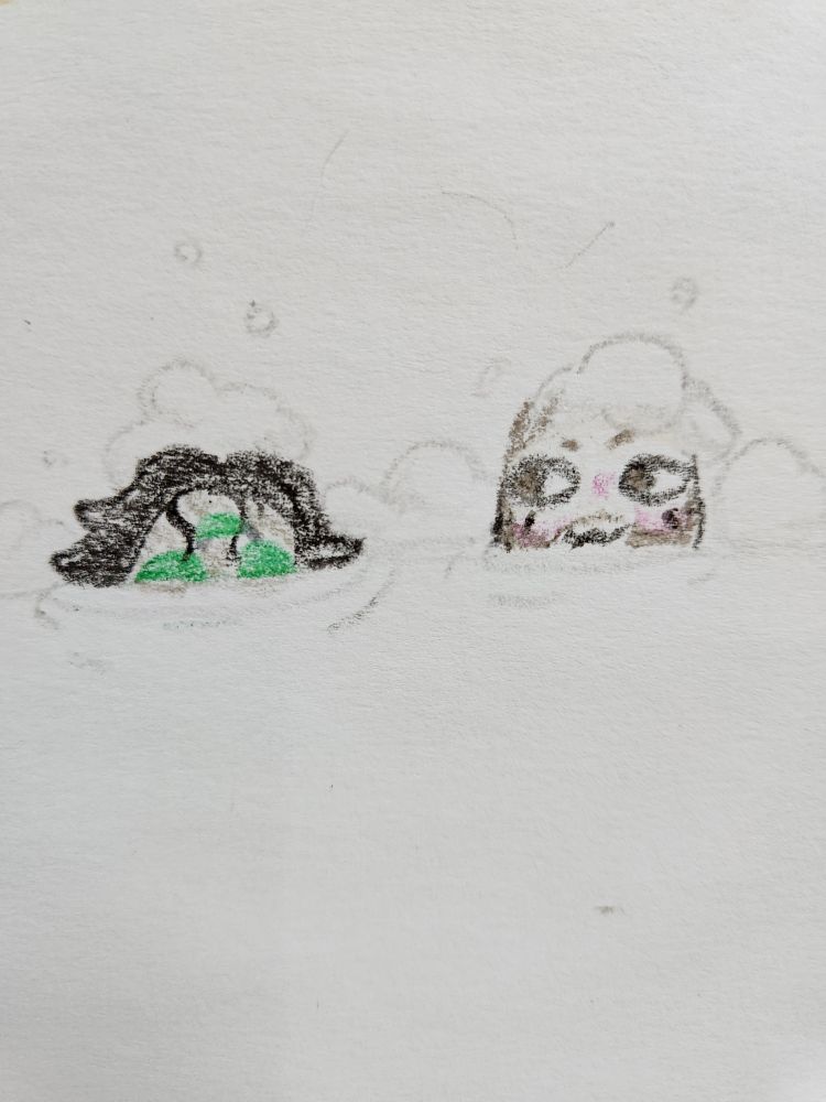 A crayon drawing of Eris and The Drifter submerged in a bubble bath. Only Eris' eyes and hair are visible, but she looks a little smug. More of the Drifter’s head is visible and he is blushing with a ':3' expression