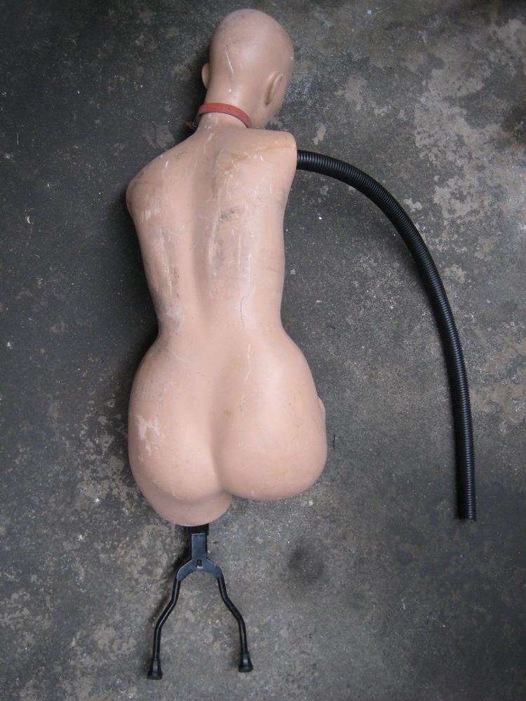 A sculpture. The core of a mannequin laying face down having mechanical parts such as a tube placed as arm and a bicycle stand attached to the lower left thigh.