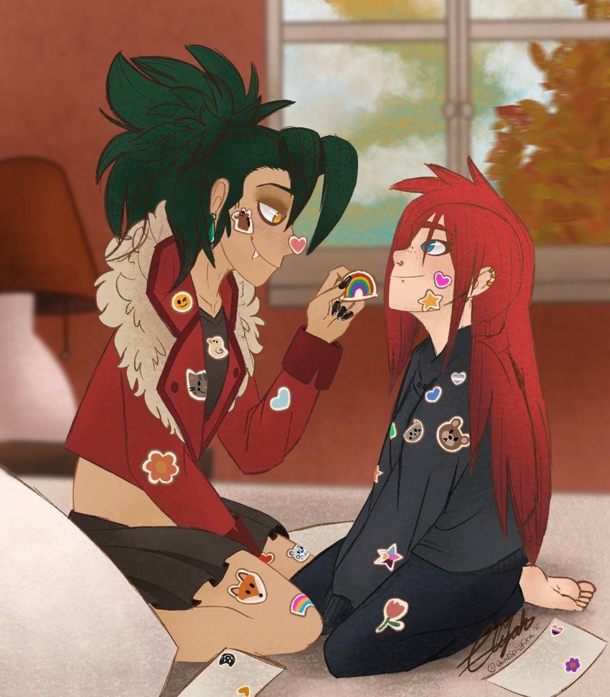 My original characters Elijah and River sitting on a bed, sticking stickers to each other 