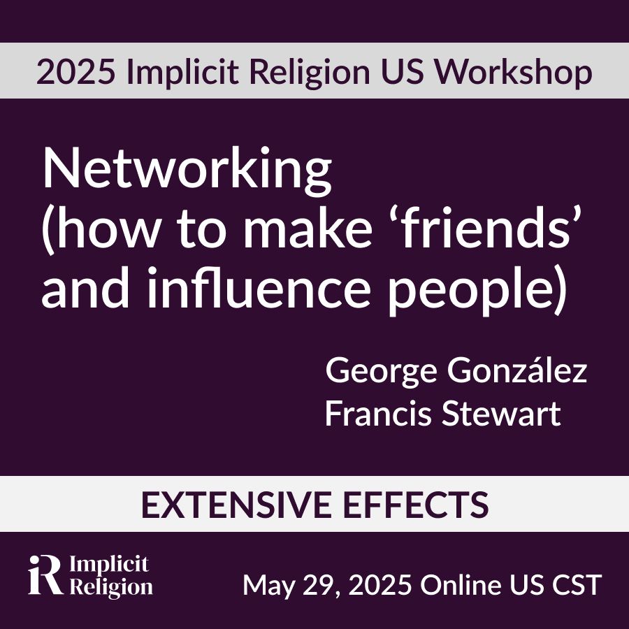 A plain purple background. Across the image is the title of the workshop: “Networking (how to make ‘friends’ and influence people).” Below that is the name of the speakers, George Gonzalez and Francis Stewart. Along the bottom is a white banner with the theme of the conference: Extensive Effects. 