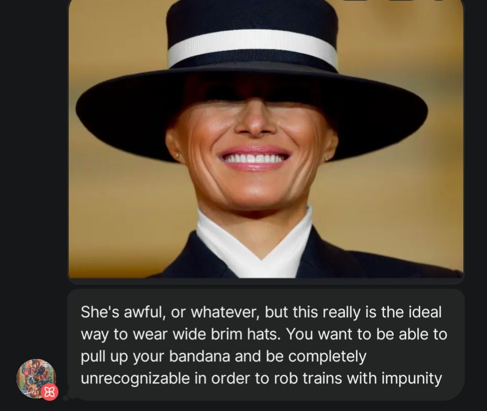 Picture of Melania Trump in a hat captioned: She's awful, or whatever, but this really is the ideal way to wear wide brim hats. You want to be able to pull up your bandana and be completely unrecognizable in order to rob trains with impunity.