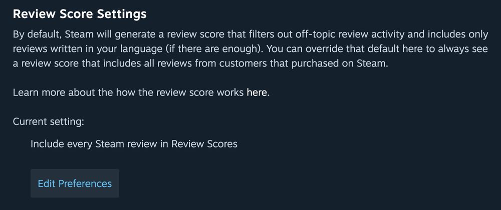 Screenshot of the Review Score Settings in Steam