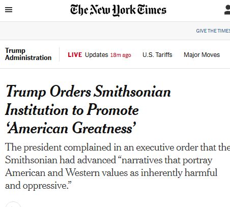 Trump Orders Smithsonian Institution to Promote ‘American Greatness’
The president complained in an executive order that the Smithsonian had advanced “narratives that portray American and Western values as inherently harmful and oppressive.”