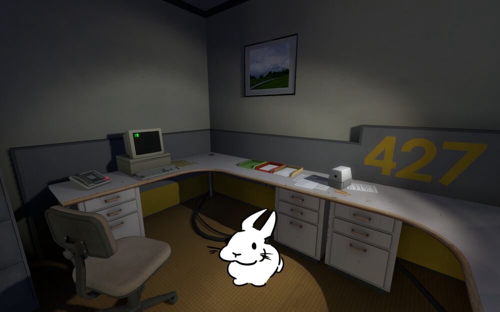 Slungus standing in her workspace, Room 427.

Here you can decide whether she can actually leave the office or not. But let’s be honest, do we really want to end it right at the beginning?
