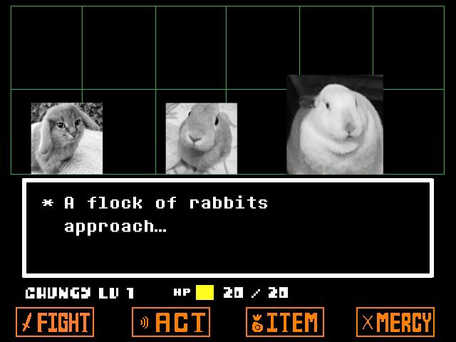 Undertale battle UI featuring four buttons for different actions, allowing you to either fight, perform an action, use an item, or show mercy. About the buttons is a box of text that reads “A flock of rabbits approach…”. The rabbits in question are Slungus (middle), Cabbit (left), and Beef (right)