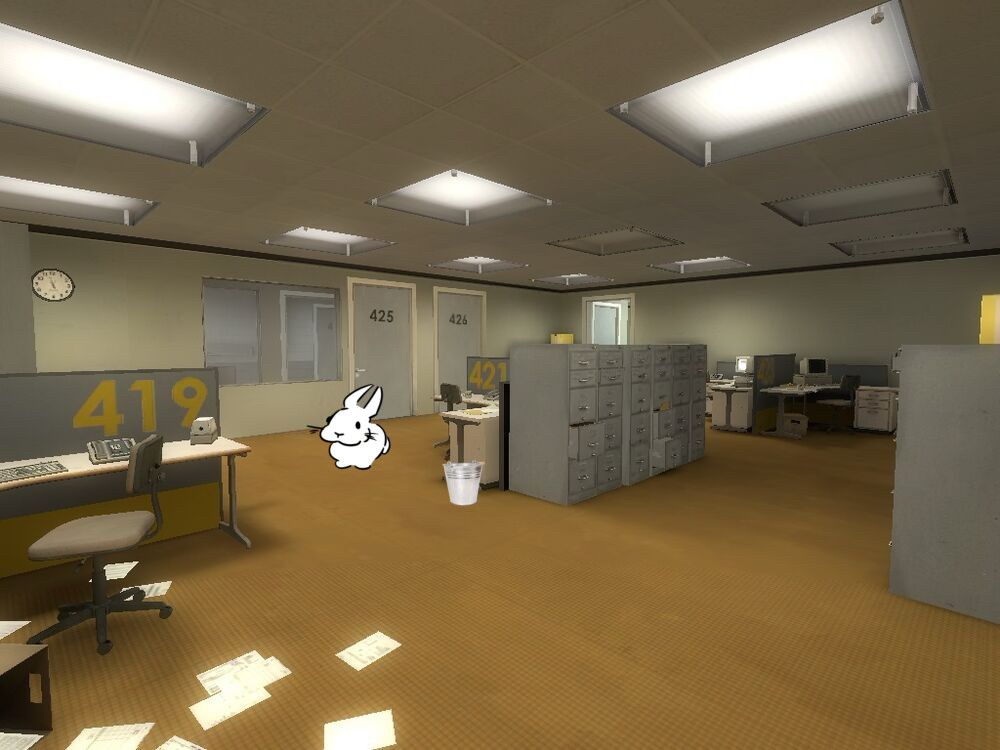 Slungus in a different part of the office, but now with a bucket near Employee 421’s desk. She can either go forward or back to the other room.