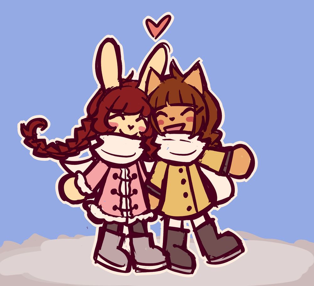 A drawing of Mimi and Nyami from pop'n music. They are walking together in the snow and holding hands. They are both smiling with their eyes closed. Mimi is wearing a pink coat with a fluffy trim, gray pants, and light gray boots. Nyami is wearing a yellow coat with white pants and gray boots. They are sharing a white scarf.