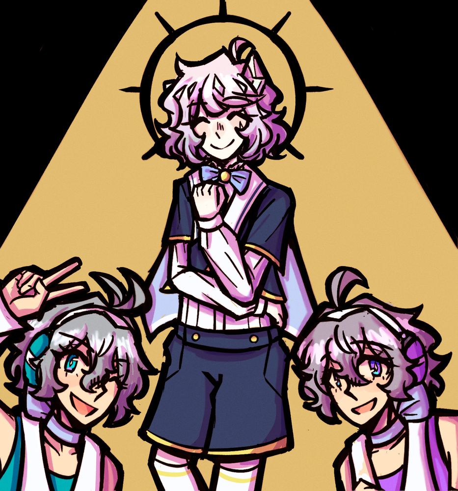 a drawing of jade, nia, and toa from pop'n music in their location test outfits. they are smiling at the camera and toa is doing a peace sign. jade is floating above the twins