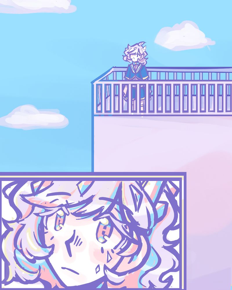 a mini comic of jade from pop'n music in his location test outfit. The first panel is him standing atop a gray building with guard rails. The sky is blue with three clouds. The second panel is a close up on his face, as he looks up. 