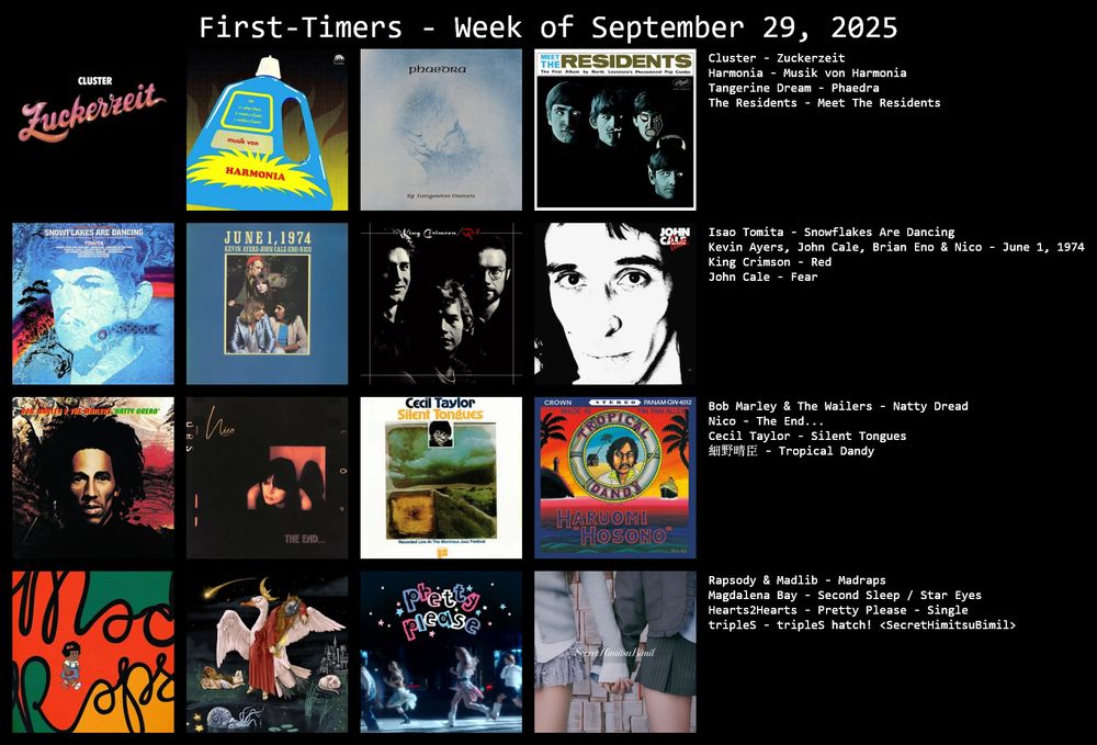 Topster titled "First-Timers - Week of September 29, 2025"; 4x4 grid featuring sixteen albums including:
Cluster - Zuckerzeit
Harmonia - Musik von Harmonia
Tangerine Dream - Phaedra
The Residents - Meet The Residents
Isao Tomita - Snowflakes Are Dancing
Kevin Ayers, John Cale, Brian Eno & Nico - June 1, 1974
King Crimson - Red
John Cale - Fear
Bob Marley & The Wailers - Natty Dread
Nico - The End...
Cecil Taylor - Silent Tongues
Haruomi Hosono - Tropical Dandy
Rapsody & Madlib - MadRaps - Single
Magdalena Bay - Second Sleep / Star Eyes - Single
Hearts2Hearts - Pretty Please - Single
tripleS - tripleS hatch! <SecretHimitsuBimil> - EP