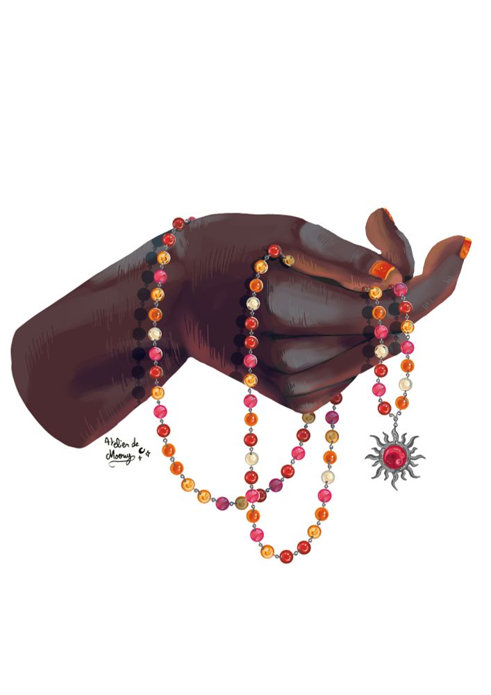 Dessin d'une main à la peau noire, tenant un collier de perles colorées, avec un pendentif d'un soleil argenté et une perle rouge au milieu
