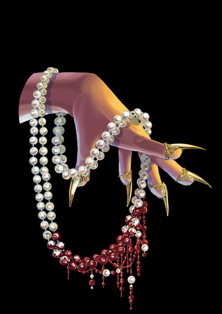 dessin d'une main à la peau blanche tenant un collier de perles blanches et rouges. Il y a des bijoux griffes dorées sur les ongles