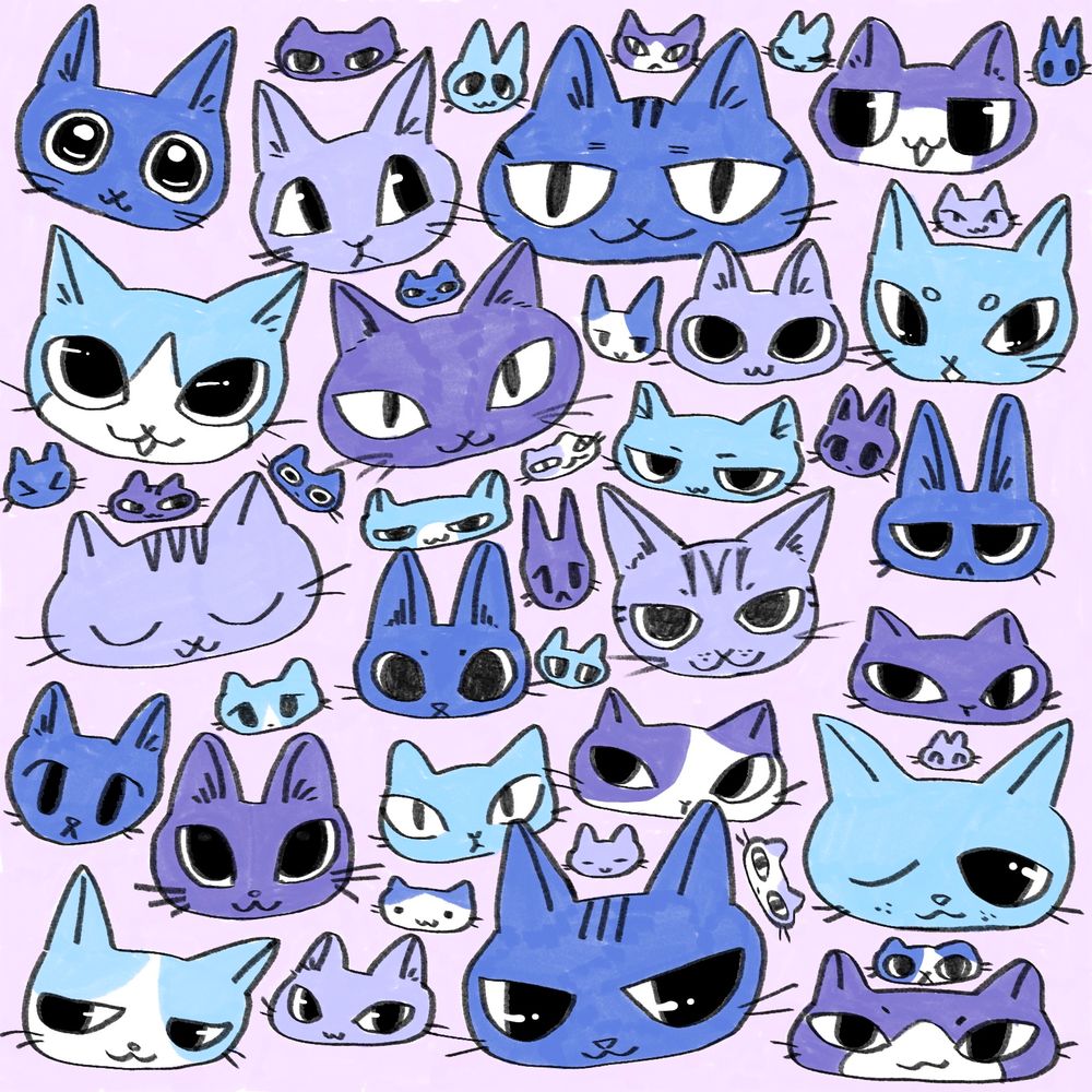 a light purple canvas full of purple and blue colored cat head doodles