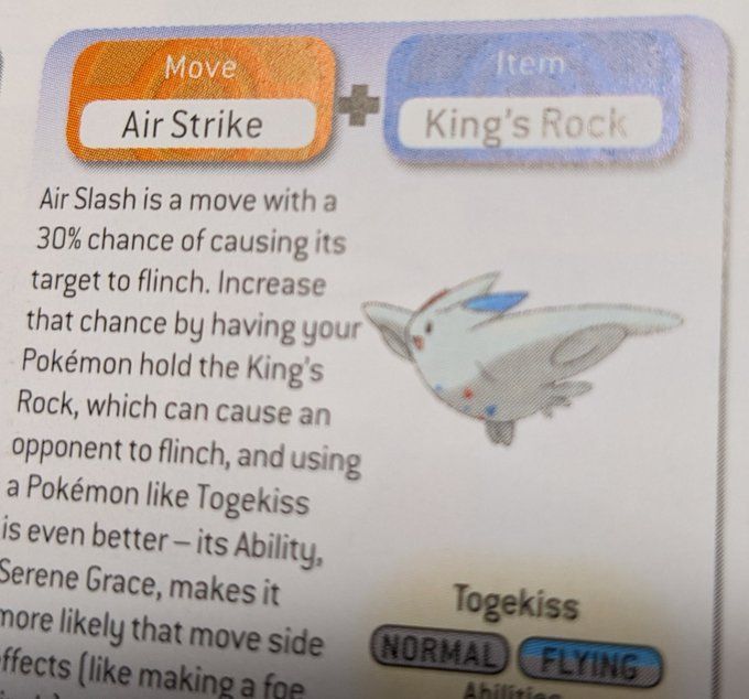 A page in the Pokémon Guidebook detailing a combo of the move "Air Strike" + the item "King's Rock" from the Pokémon Togekiss.
In the descriptive text, the move is correctly called "Air Slash" instead