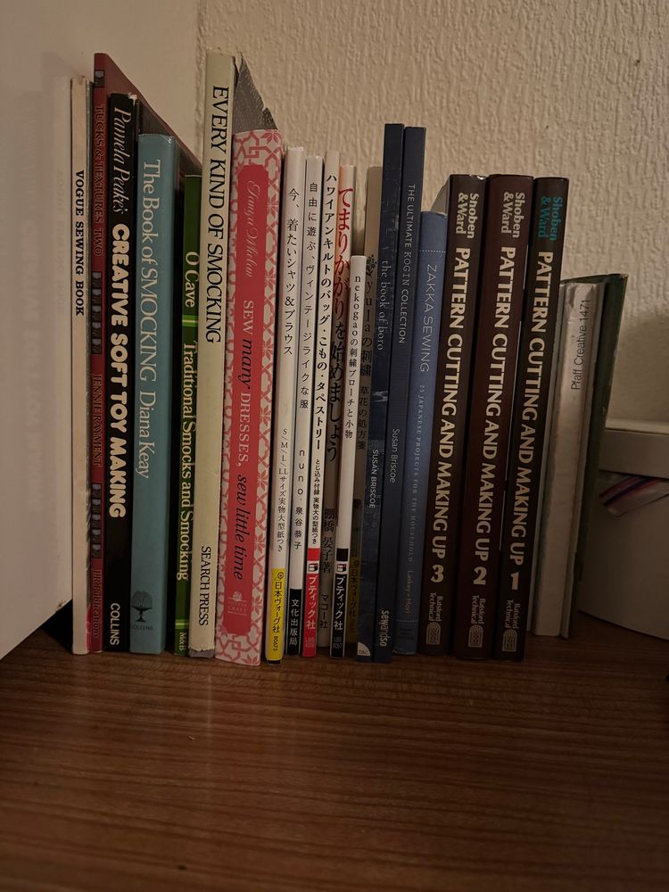 A selection of sewing books on a desk. 