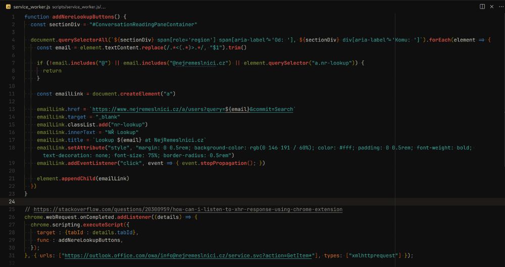 Source code for a browser extension placing a link to our internal CRM to Outlook web.