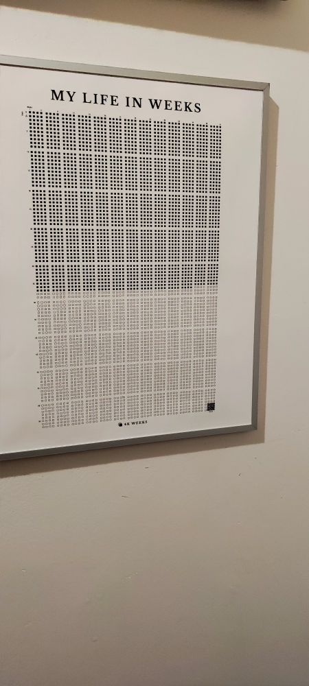 My 4K Weeks poster where I draw a dot each week to be in a high-level contact with my life progress. Almost all dots for my past year are filled.