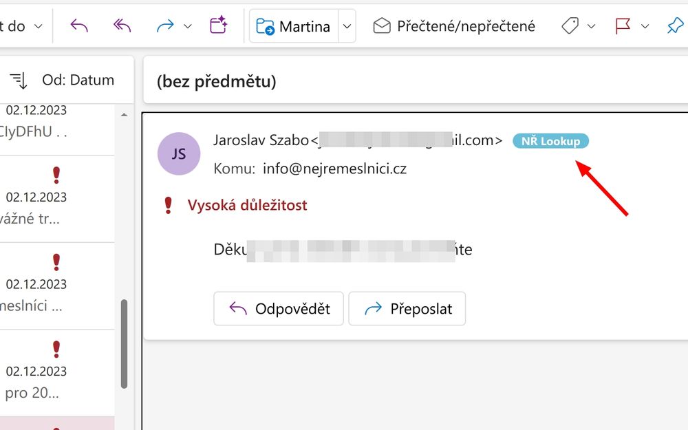 A screenshot from our Outlook shared mailbox with a lookup button shown besides one of the email sender addresses.